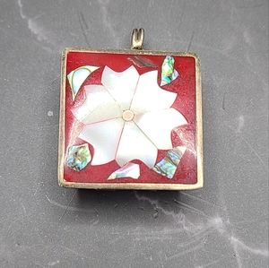 Mini Trinket Pill Box Silver Abalone Shell Inlay Mexico Red White Christmas